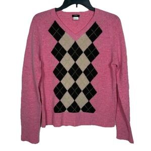 J. Crew 100% Lambs Wool Argyle Pink Sweater Size Large Preppy Academia